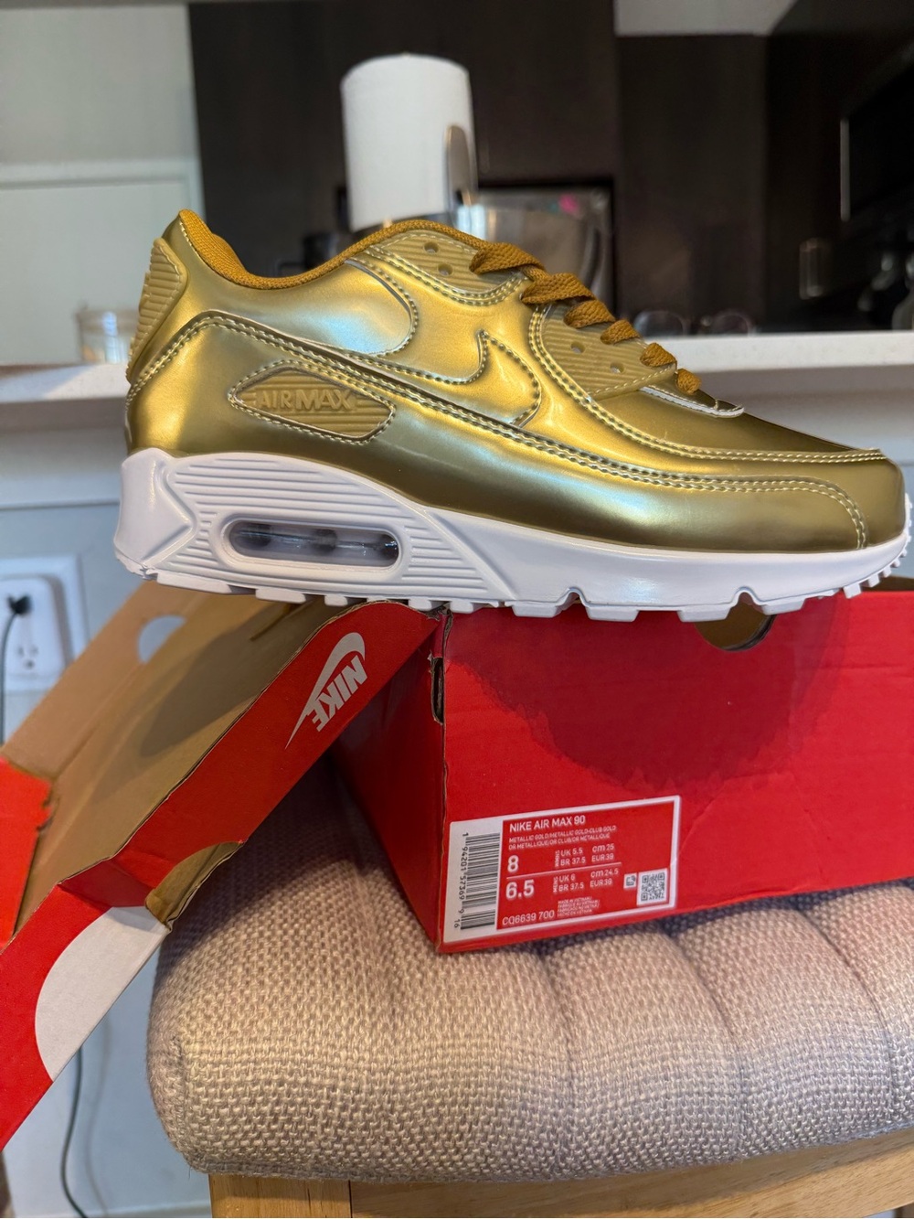 Nike Women’s Air Max 90 Metallic Gold and White Sneakers